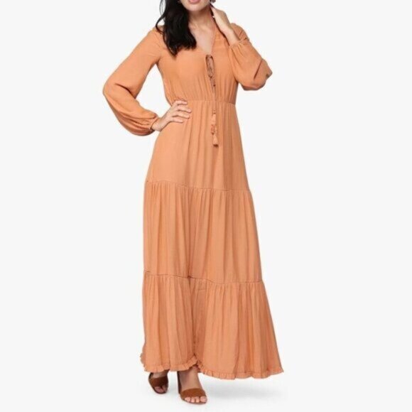Tiered Maxi Dress Rust Bronze Billowy Sleeves Tassel Tie Front - Picture 5 of 6